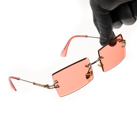 Red Tint Mens Rimless Square Sunglasses - Picture 1 of 5